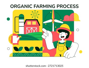 Ilustración vectorial de procesos de agricultura orgánica que muestra la agricultura sostenible, métodos de cultivo respetuosos con el medio ambiente y antecedentes de producción de alimentos naturales