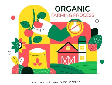 Ilustración vectorial de procesos de agricultura orgánica que muestra la agricultura sostenible, métodos de cultivo respetuosos con el medio ambiente y antecedentes de producción de alimentos naturales