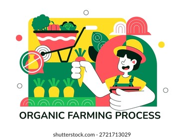 Ilustración vectorial de procesos de agricultura orgánica que muestra la agricultura sostenible, métodos de cultivo respetuosos con el medio ambiente y antecedentes de producción de alimentos naturales