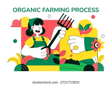 Ilustración vectorial de procesos de agricultura orgánica que muestra la agricultura sostenible, métodos de cultivo respetuosos con el medio ambiente y antecedentes de producción de alimentos naturales