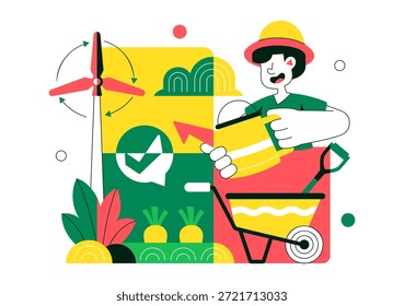 Ilustración vectorial de procesos de agricultura orgánica que muestra la agricultura sostenible, métodos de cultivo respetuosos con el medio ambiente y antecedentes de producción de alimentos naturales
