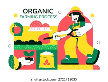 Ilustración vectorial de procesos de agricultura orgánica que muestra la agricultura sostenible, métodos de cultivo respetuosos con el medio ambiente y antecedentes de producción de alimentos naturales