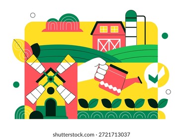 Ilustración vectorial de procesos de agricultura orgánica que muestra la agricultura sostenible, métodos de cultivo respetuosos con el medio ambiente y antecedentes de producción de alimentos naturales