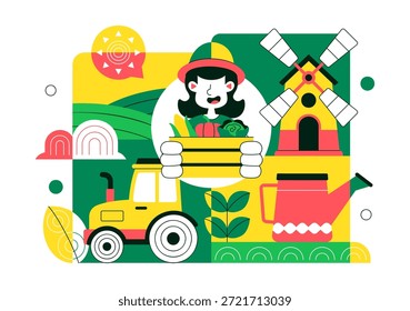 Ilustración vectorial de procesos de agricultura orgánica que muestra la agricultura sostenible, métodos de cultivo respetuosos con el medio ambiente y antecedentes de producción de alimentos naturales