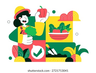 Ilustración vectorial de procesos de agricultura orgánica que muestra la agricultura sostenible, métodos de cultivo respetuosos con el medio ambiente y antecedentes de producción de alimentos naturales