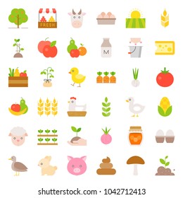 organic farming products icon, such as hen, milk, orange, tomato, honey, sheep, eggs, flat design