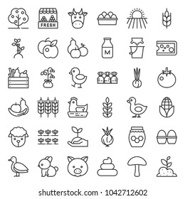 organic farming products icon, such as hen, milk, orange, tomato, honey, sheep, eggs, outline icon set