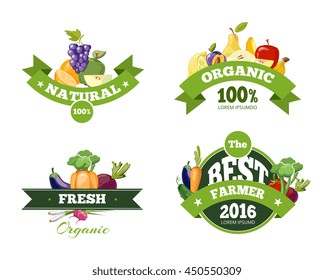 Organic farming products vector labels, emblems, badges, logos, stickers set. Organic food emblem and badge organic natural fruits and vegetables illustration