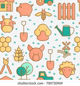 Organic farming seamless pattern with thin line icons of animals, tools and symbols for eco products, farming flyers and banners. Agriculture vector illustration for web page, print media.