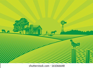 Organic farming silhouette in woodcut style, vector