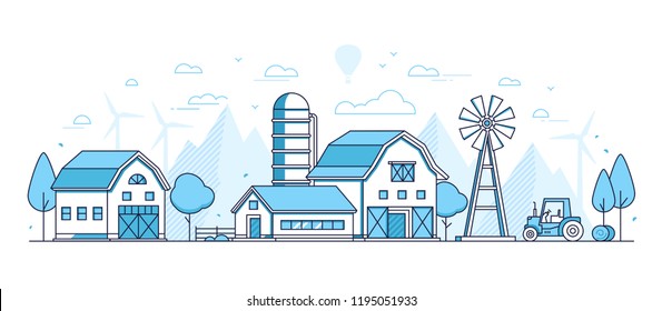 Organic farming - thin line design style vector illustration on white background. Blue colored image with windmill, barn, tractor, silage tower, silhouettes of hills, wind power generator. Eco concept