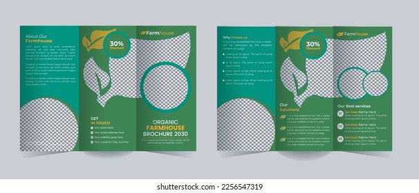 Organic Farming Tri Fold brochure template or agriculture farming brochure template vector layout, Green Environment flyer template design organic product trifold brochure template 