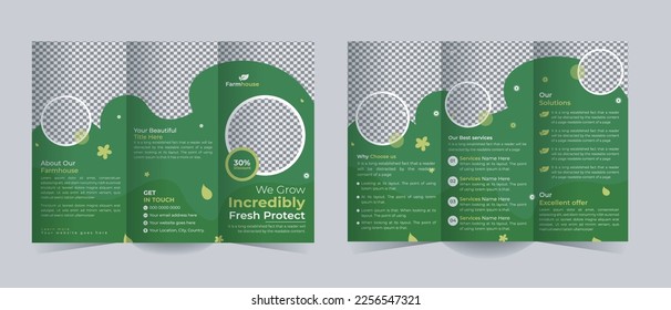 Organic Farming Tri Fold brochure template or agriculture farming brochure template vector layout, Green Environment flyer template design organic product trifold brochure template 