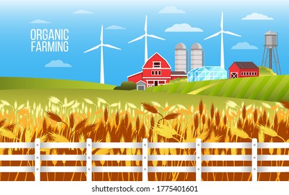 Paisaje vectorial de agricultura orgánica con campo de trigo, colinas verdes, turbinas eólicas, casas de pueblo. Ilustración rural rural en estilo plano con cielo azul, nubes, valla, torre de agua.