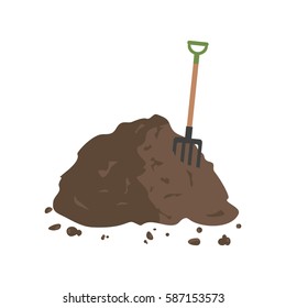 Organic Fertilizer. Pile Of Ground, Manure Or Compost With Hayfork. Vector Illustration Flat Design