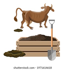 Organic fertilizer set with pooping cow, heap of muck manure, compost pit and shovel. . Vector illustration isolated on white background