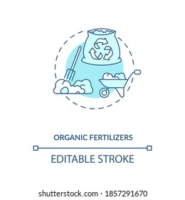 Organic fertilizers concept icon. Organic farming principles. Healthy crop growing products. Gardening idea thin line illustration. Vector isolated outline RGB color drawing. Editable stroke