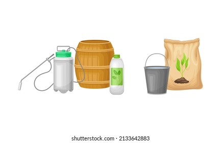 Organic fertilizers for gardening, farming and agriculture industry set vector illustration