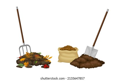 Organic fertilizers for gardening, farming and agriculture industry set. Humus and manure piles vector illustration