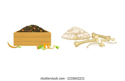 Organic fertilizers for gardening, farming and agriculture industry set. Compost box with bio recycling garbage and natural phosphate fertilizers vector illustration