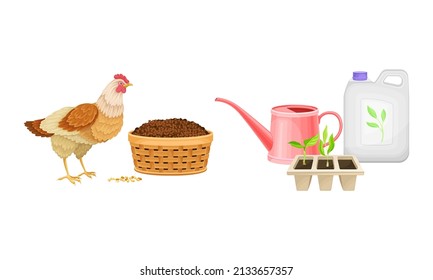 Organic fertilizers for gardening, farming and agriculture industry set. Chicken manure and bag of mineral fertilizers vector illustration