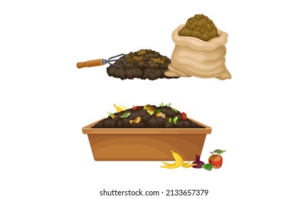 Organic fertilizers for gardening, farming and agriculture industry set. Compost box with bio recycling garbage and humus vector illustration