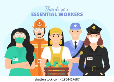 Organic Flat Design Thank You Essential Workers Vector Illustration.