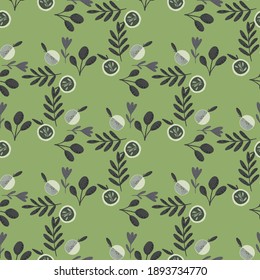 Organic flora seamless pattern with vintage apple and leaves ornament. Green light background. Graphic design for wrapping paper and fabric textures. Vector Illustration.