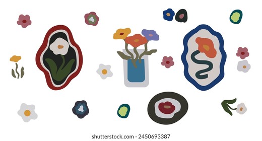 Organic floral doodle shapes in trendy naive retro hippie 60s 70s style, surreal psychedelic cartoon sticker pack. Vector illustrations.