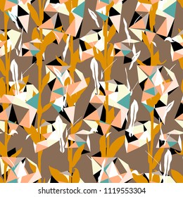 Organic floral pattern with leaves and geometric motif. Seamless vector pattern in fall autumn color. Bohemian autumn leaves background in bauhaus style. Vintage print with leaf for fall home decor