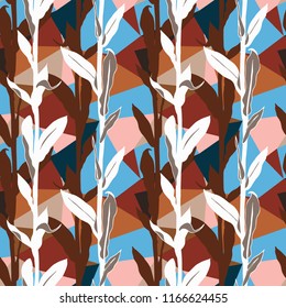 Organic floral pattern with leaves and geometric motif. Seamless vector pattern in fall autumn color. Bohemian autumn leaves background in geometric style. Vintage print with leaf for fall home decor