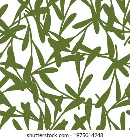 Organic floral seamless pattern with green leaf branches elements. White background. Floral shapes. Vector illustration for seasonal textile prints, fabric, banners, backdrops and wallpapers.