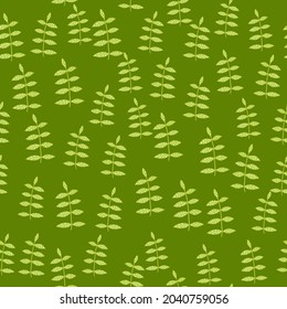 Organic floral seamless pattern on green background. Doodle leaves wallpaper. Botany texture. Decorative ornament. Design for fabric, textile print, wrapping, cover. Vector illustration.