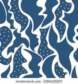 Organic floral shapes pattern. Navy blue seamless repeat pattern with dots groovy background. Modern minimal print vector