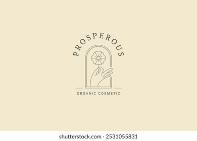 Organic flower in elegant hand line art logo design template for skin care vector illustration. Beautiful floral chamomile blossom linear logotype wellness cosmetology studio natural cosmetic brand