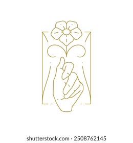 Organic flower in human hand at bohemian frame minimal golden line art icon vector illustration. Natural buttercup floral blossom with stem in arm logo for premium skin care spa beauty salon