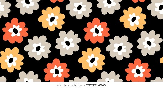 Organic flowers seamless pattern. Abstract floral hand drawn print on black. Beautiful botanical background. Summer blossom texture. Vector illustration for fabric design, wrapping paper, wallpaper