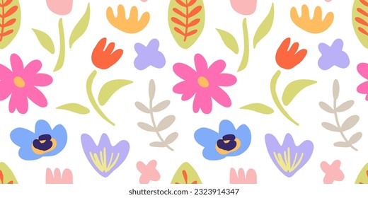 Organic flowers seamless pattern. Abstract floral hand drawn print. Beautiful botanical background. Summer blossom texture. Vector illustration for fabric design, wrapping paper, wallpaper