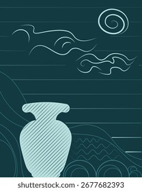 Fluido orgânico Projeto abstrato com curvas de fluxo e formas inspiradas em cerâmica. Misty seafoam no profundo azul-petróleo evoca calma, serenidade refrescante para tecidos naturais e desgaste ao ar livre.