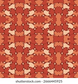 Organic fluid abstract pattern seamless in warm apricot shades of clay orange and brick red, inspired by tribal leather weave textures, perfect for streetwear, youth furniture, cafe interiors