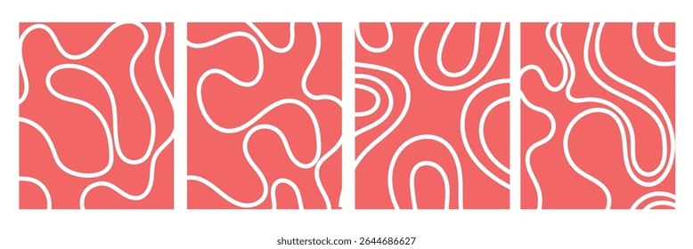 Organic fluid doodle curved wiggling lines, stripes, waves vector backgrounds set. Liquid, funky chaotic ornaments, groovy hippie patterns collection. Uneven hand drawn wavy, winding twisted lines .