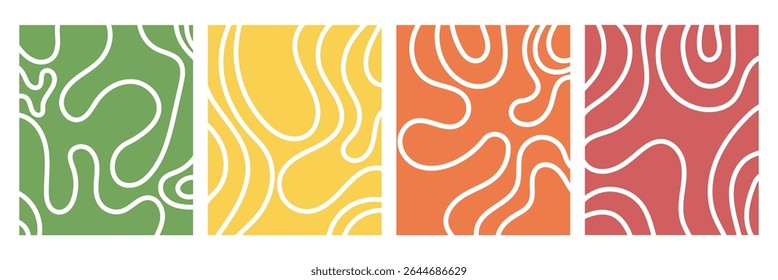 Organic fluid doodle curved wiggling lines, stripes, waves vector backgrounds set. Liquid, funky chaotic ornaments, groovy hippie patterns collection. Uneven hand drawn wavy, winding twisted lines .