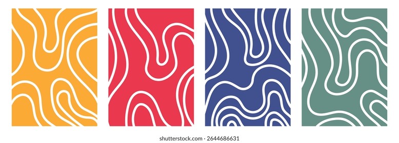 Organic fluid doodle curved wiggling lines, stripes, waves vector backgrounds set. Liquid, funky chaotic ornaments, groovy hippie patterns collection. Uneven hand drawn wavy, winding twisted lines .