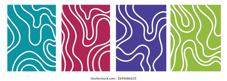Organic fluid doodle curved wiggling lines, stripes, waves vector backgrounds set. Liquid, funky chaotic ornaments, groovy hippie patterns collection. Uneven hand drawn wavy, winding twisted lines .
