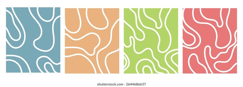 Organic fluid doodle curved wiggling lines, stripes, waves vector backgrounds set. Liquid, funky chaotic ornaments, groovy hippie patterns collection. Uneven hand drawn wavy, winding twisted lines .