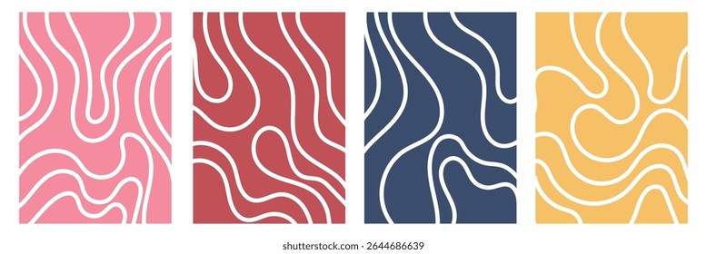 Organic fluid doodle curved wiggling lines, stripes, waves vector backgrounds set. Liquid, funky chaotic ornaments, groovy hippie patterns collection. Uneven hand drawn wavy, winding twisted lines .