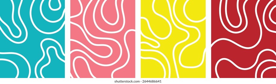 Organic fluid doodle curved wiggling lines, stripes, waves vector backgrounds set. Liquid, funky chaotic ornaments, groovy hippie patterns collection. Uneven hand drawn wavy, winding twisted lines .