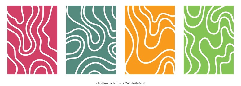 Organic fluid doodle curved wiggling lines, stripes, waves vector backgrounds set. Liquid, funky chaotic ornaments, groovy hippie patterns collection. Uneven hand drawn wavy, winding twisted lines .
