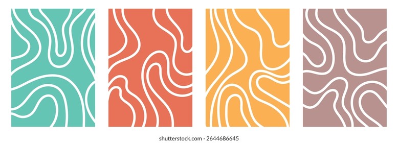 Organic fluid doodle curved wiggling lines, stripes, waves vector backgrounds set. Liquid, funky chaotic ornaments, groovy hippie patterns collection. Uneven hand drawn wavy, winding twisted lines .