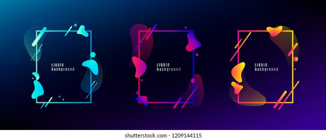 Organic fluid shape frame set. Color abstract liquid design with other geometric elements lines, dots isolated on dark background. Vector illustration.